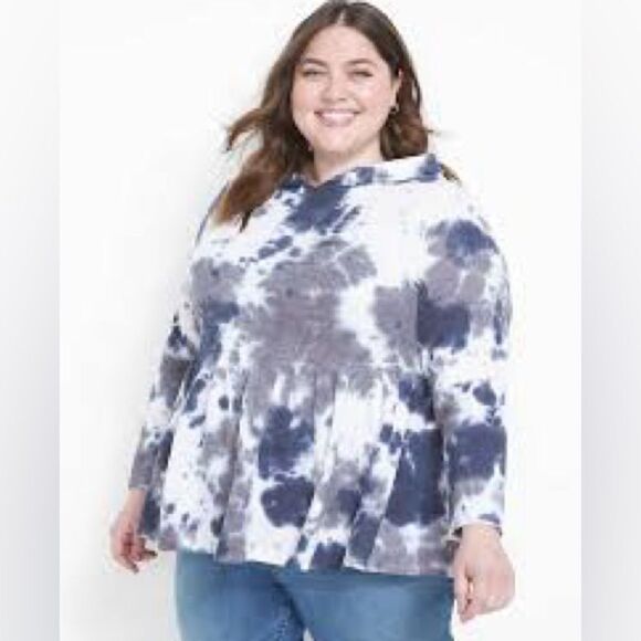 Lane Bryant Women’s Size 14/16 Waffle Knit Peplum Hoodie Black White Tie Dye NWT - Picture 1 of 10